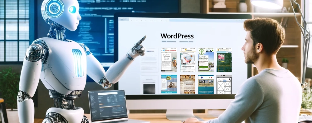 AI Robot and Web Designer Working Together The image showcasing the collaboration between an AI robot and a website designer in a modern office environment has been created. It captures the essence of creativity and partnership between technology and human skill in web design